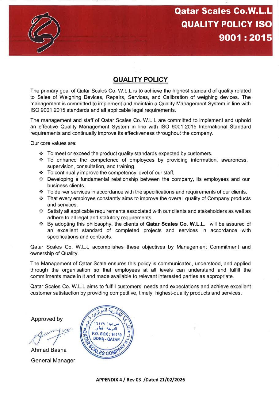 First page of the Quality Policy document